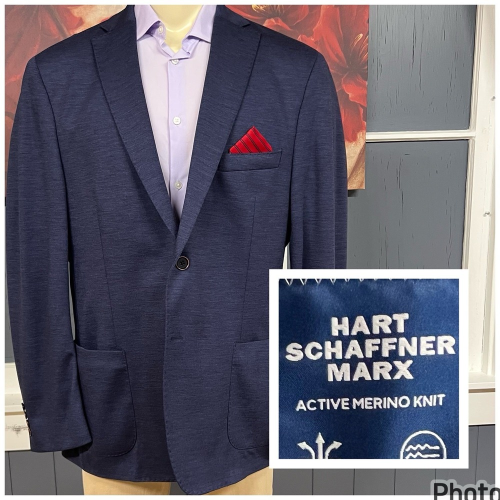 Hart Schaffner Marx Travel Merino Wool Blazer Jacket Sport Coat Mens 48R Navy